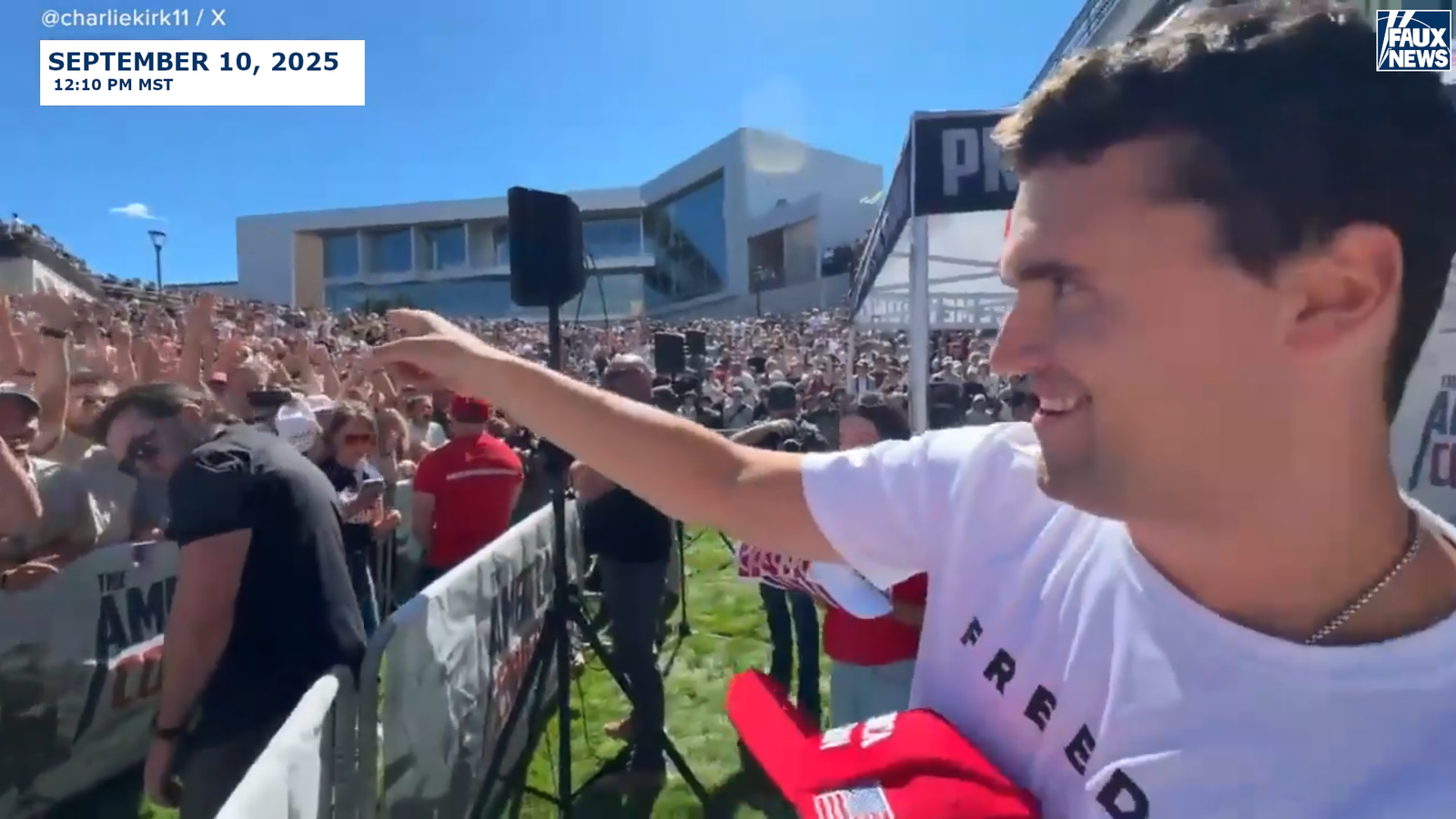Charlie Kirk tosses out hats to an enthusiastic crowd minutes before his assassination.